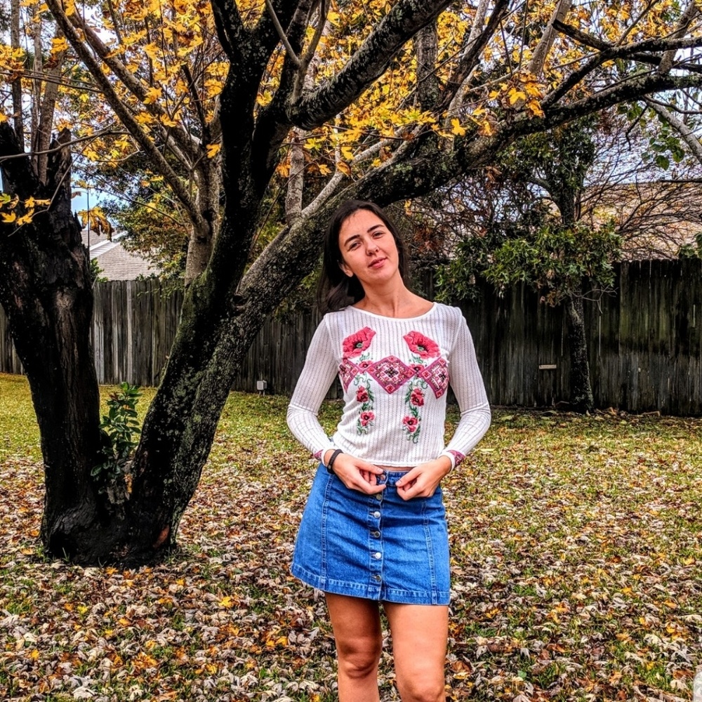 DIY Cross-stitch embroided shirt Size XS S Long Sleeves White
